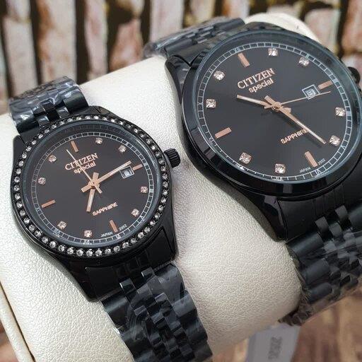 ساعت مچی ست مردانه و زنانه سیتیزن مشکی رنگ عقربه ها رزگلد citizen